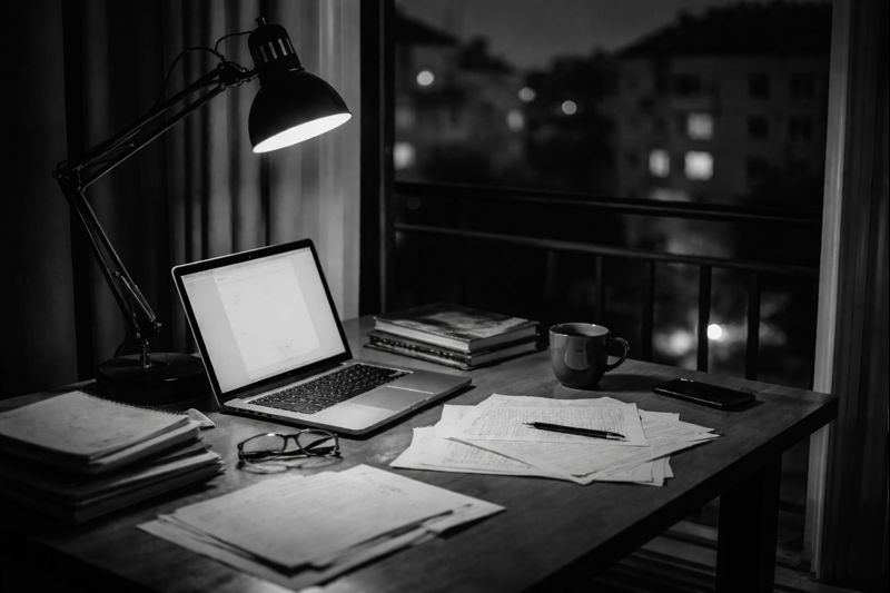 Escritorio nocturno con portátil, papeles y lámpara, imagen del poema Salir entero
