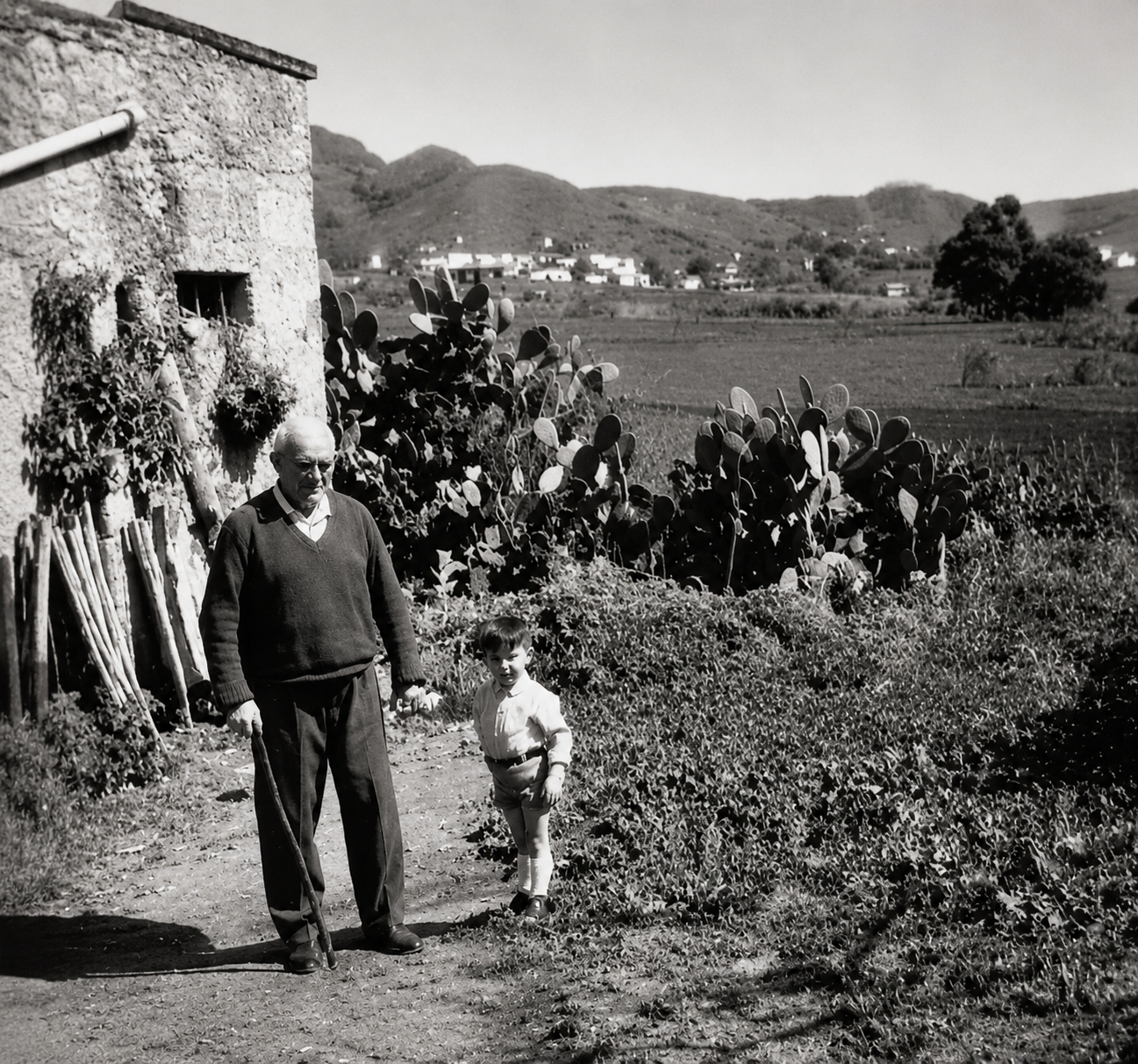 Mi abuelo y yo junto a la casa de campo donde crecí. Fotografía familiar de los años sesenta que inspira el ensayo "Los perros sin nombre".